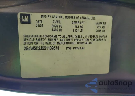 2005 Buick Century from USA, damaged, VIN 2G4WS52J551109570
